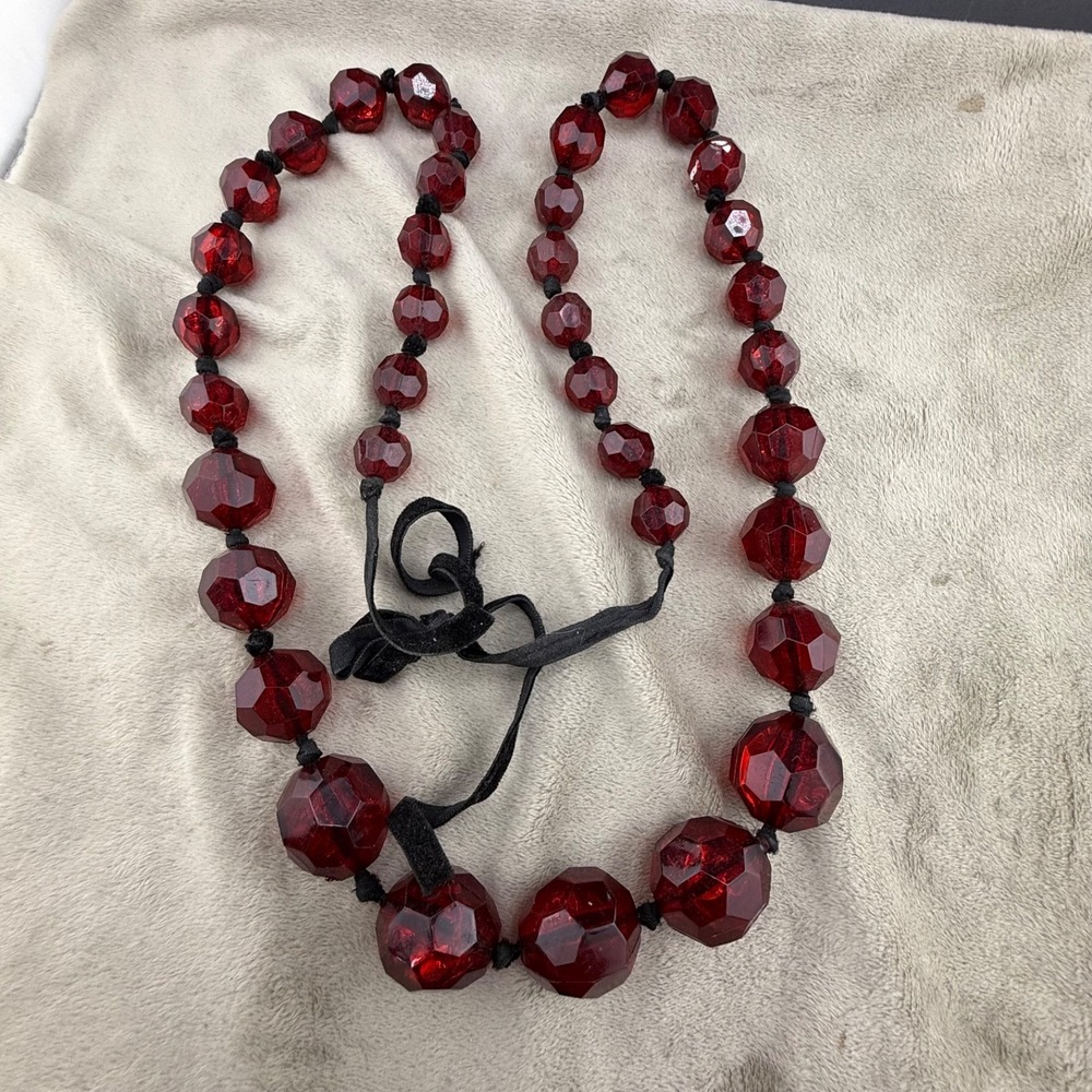 Beaded Acrylic Red Necklace Black Cord 48"